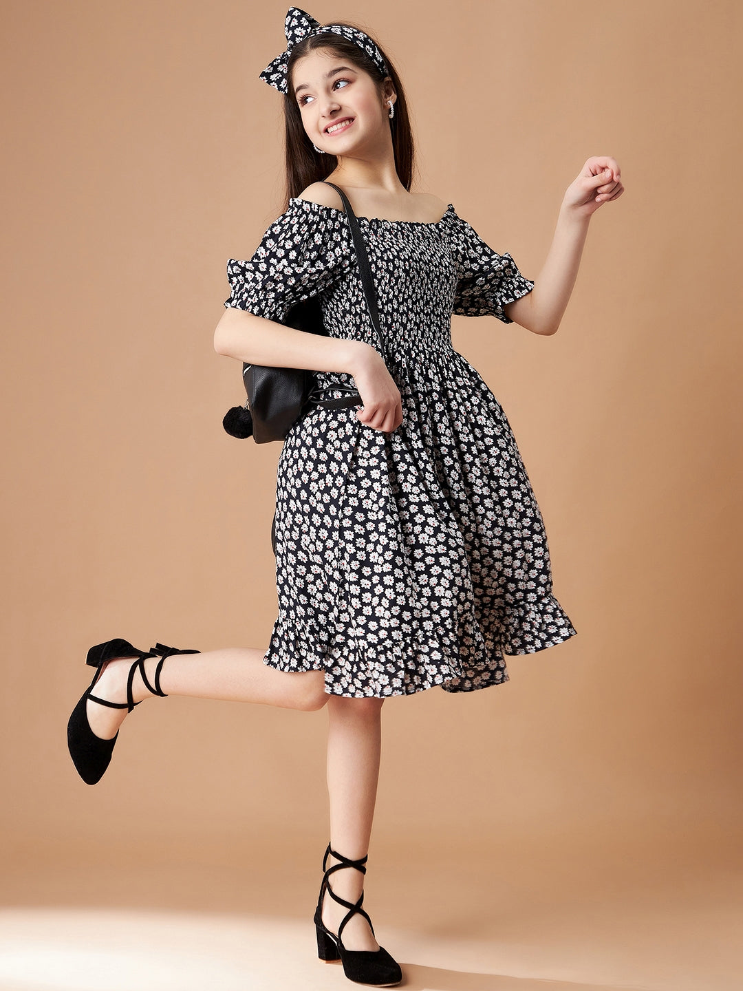 Black Floral Printed Smocking detail a Line Dress