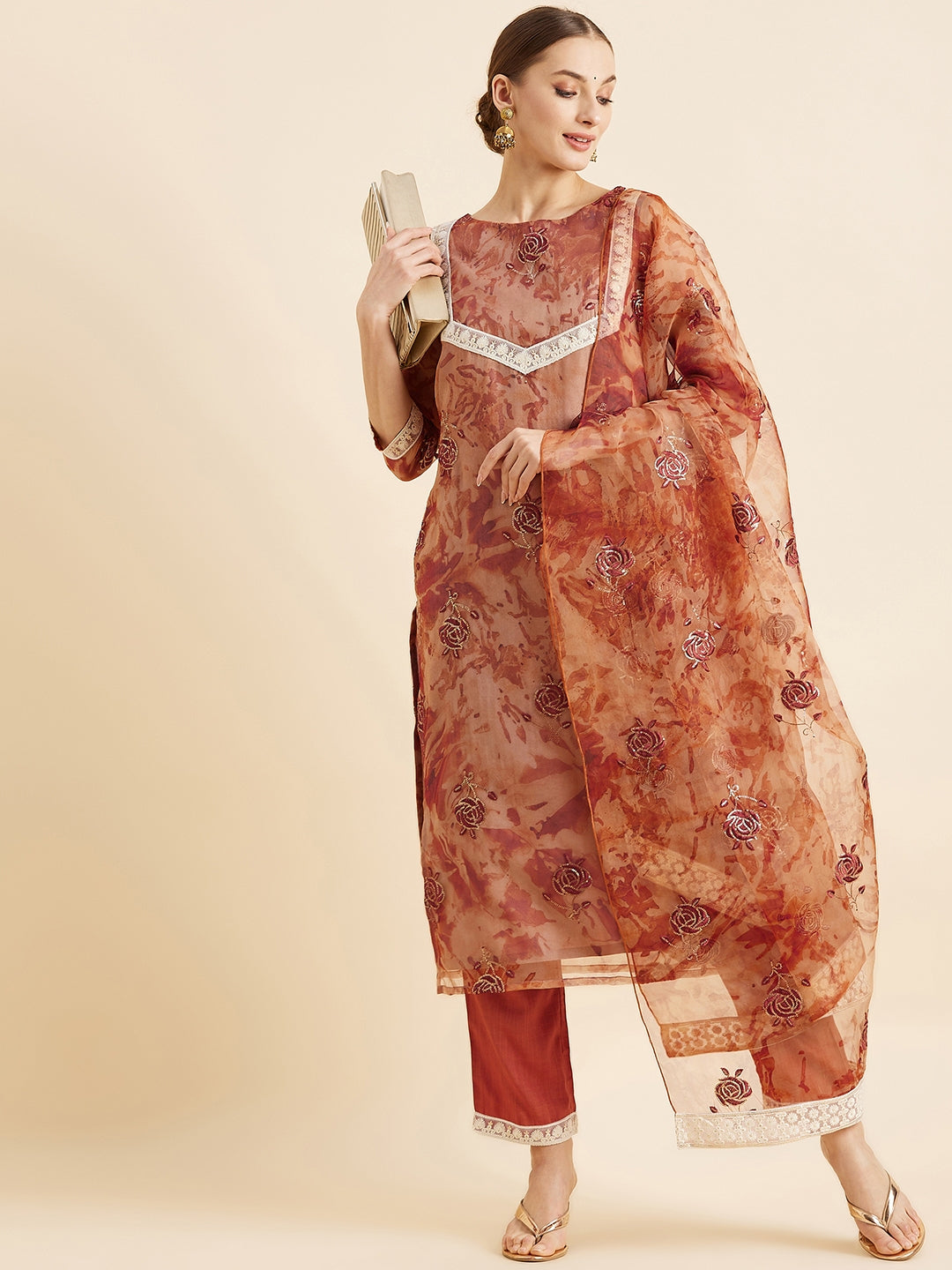 Floral Embroidered Kurta With Trousers & Dupatta