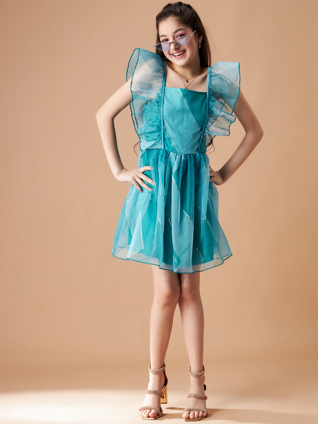 Girls Striped Flutter Sleeves Ruffled Organza Fit & Flare Dress