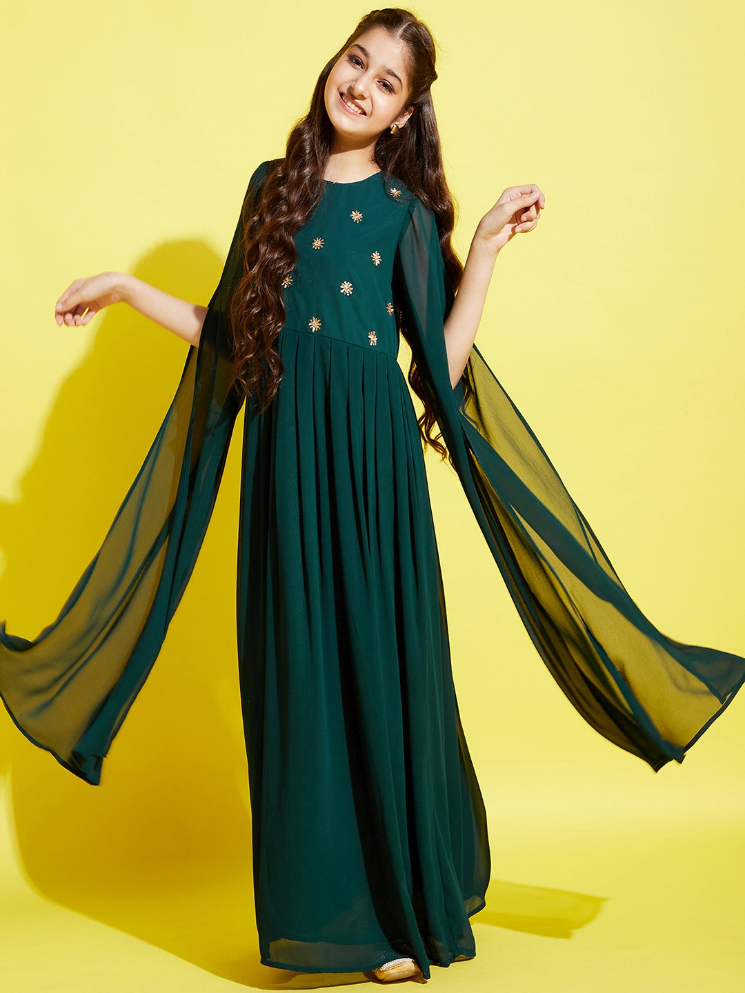 Girls Dark Green Georgette Maxi Dress