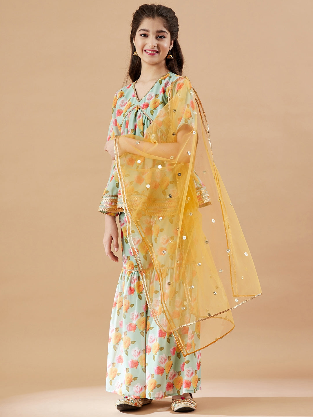 Girls Floral Printed Empire Gotta Patti Kurti with Sharara & With Dupatta