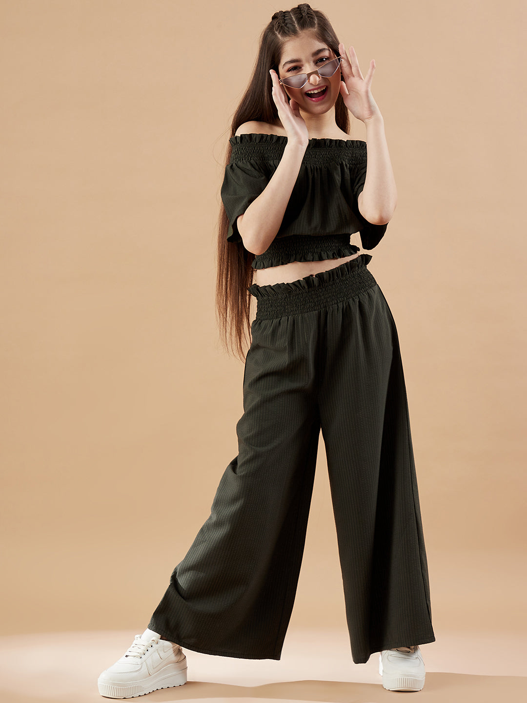 Girls Off-Shoulder Olive Top with Trousers