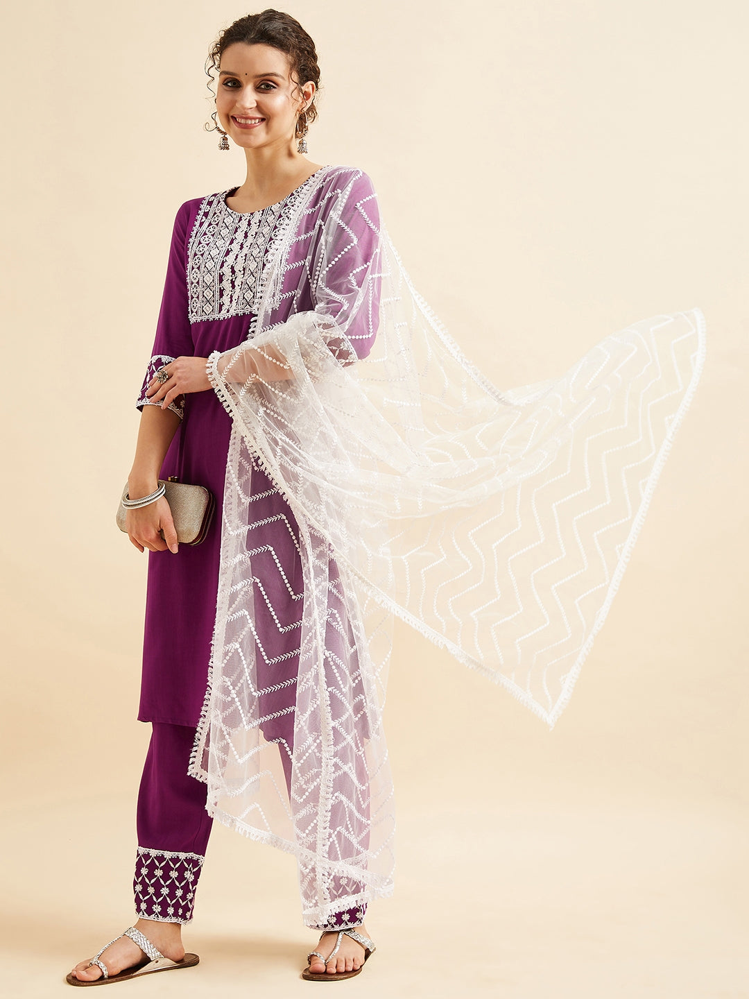 Purple Ethnic Motifs Embroidered Thread Work Regular Kurta with Trousers & Dupatta