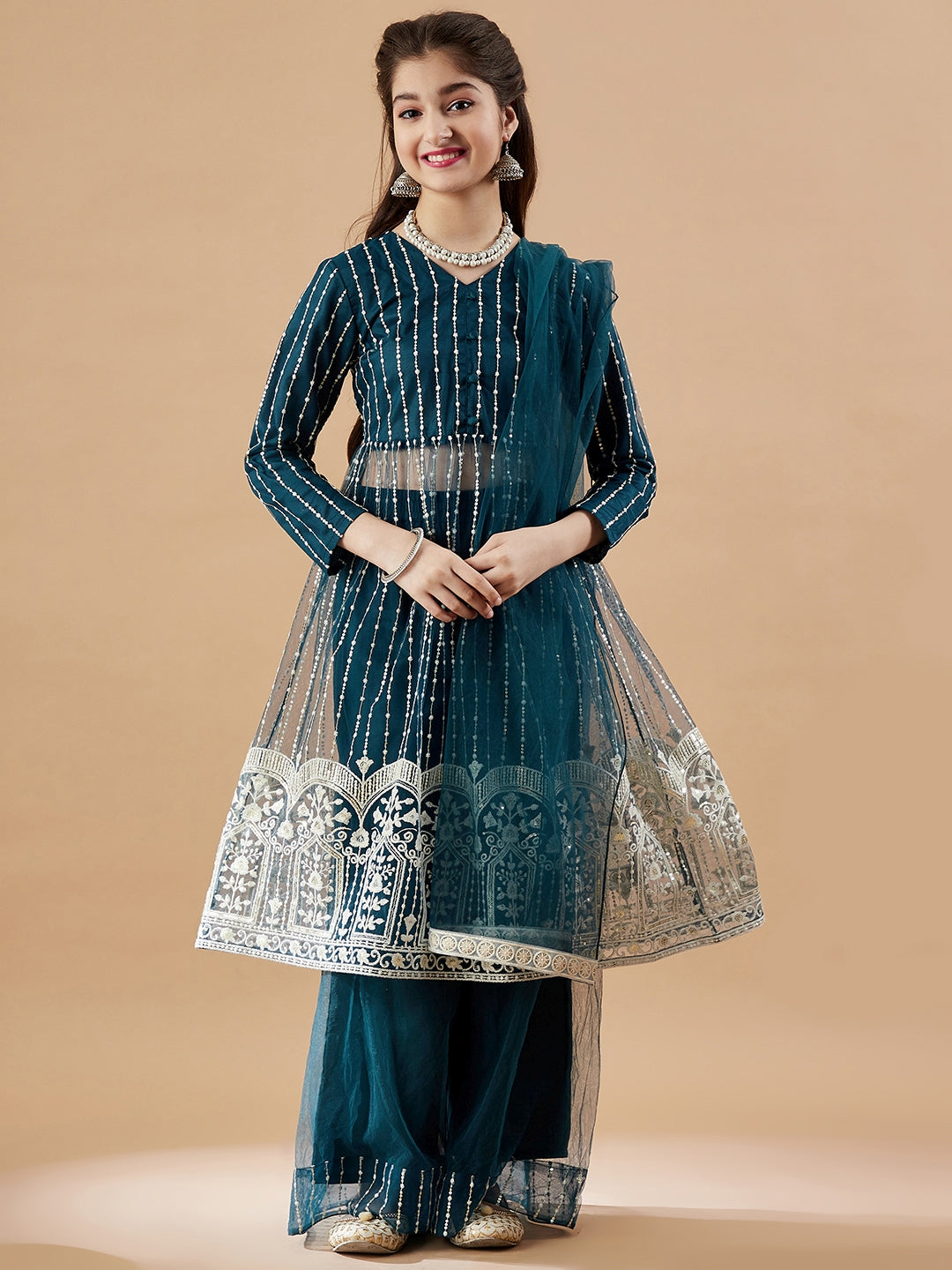 Girls Striped Embroidered Mesh Empire Sequinned Kurta & Sharara & Dupatta