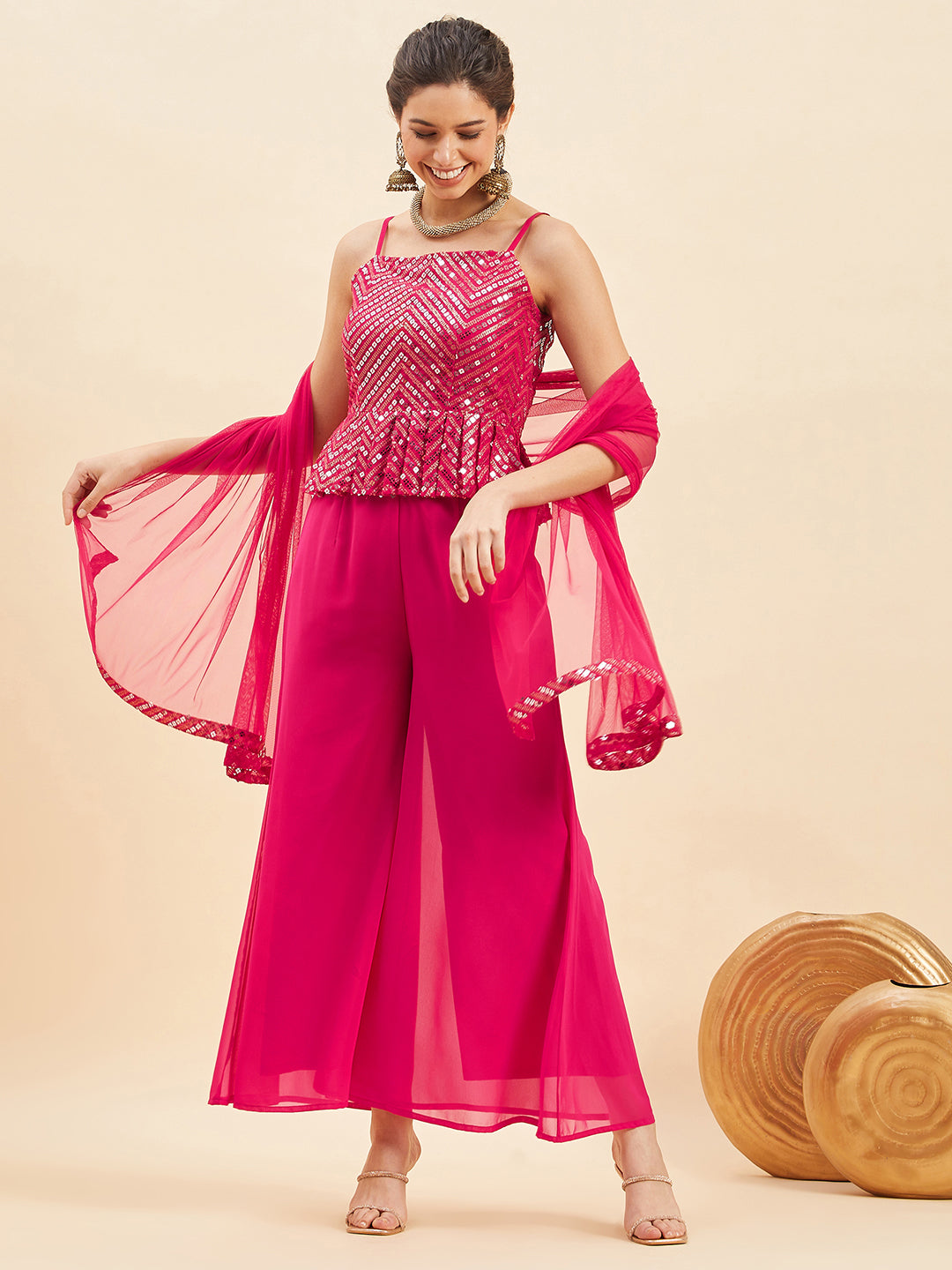 Magenta Pleated Sequinned Top with Sharara With Dupatta