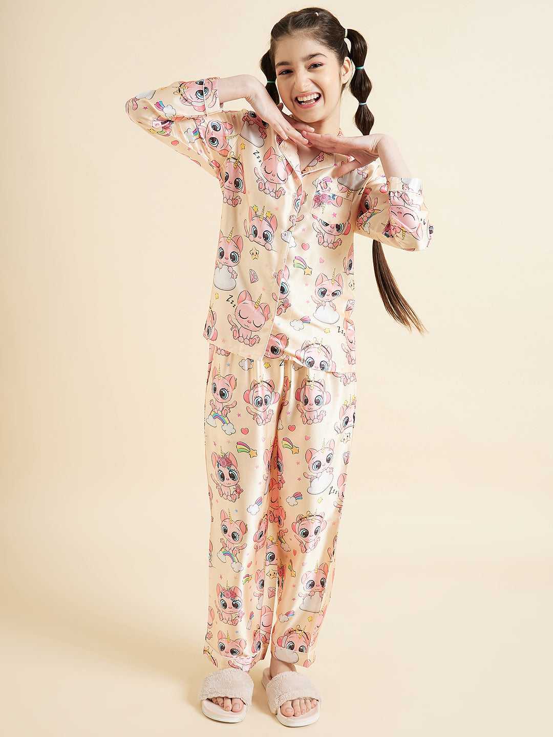 Girls Graphic Printed Long Sleeves Satin Night suit
