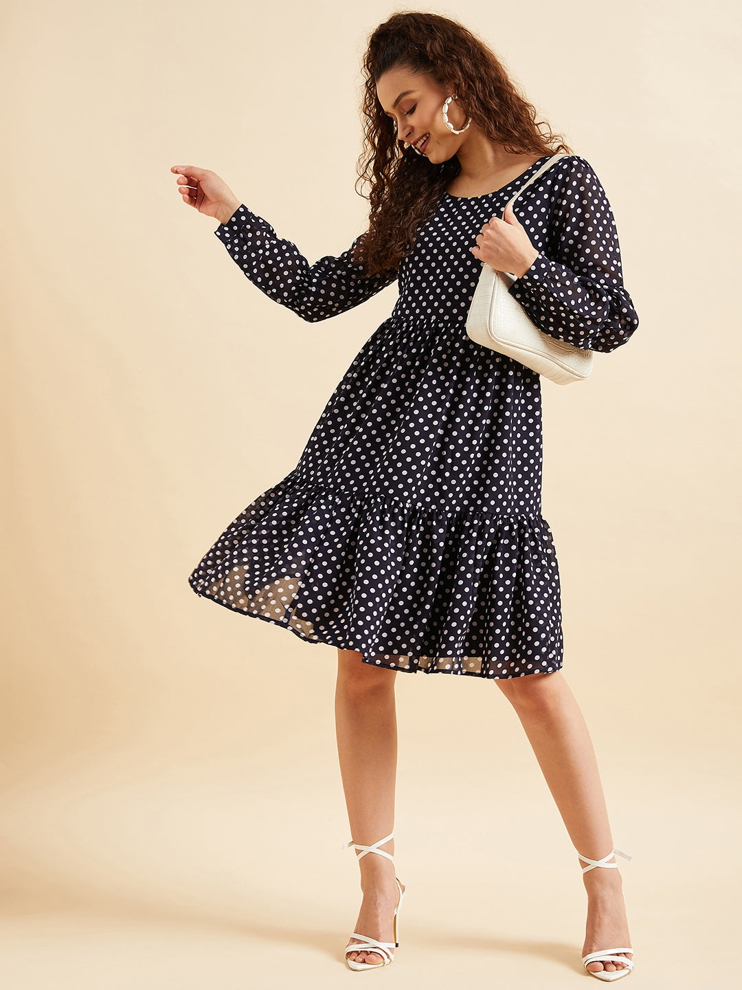 Polka Dots Printed Flounce Georgette Fit Flared Dress