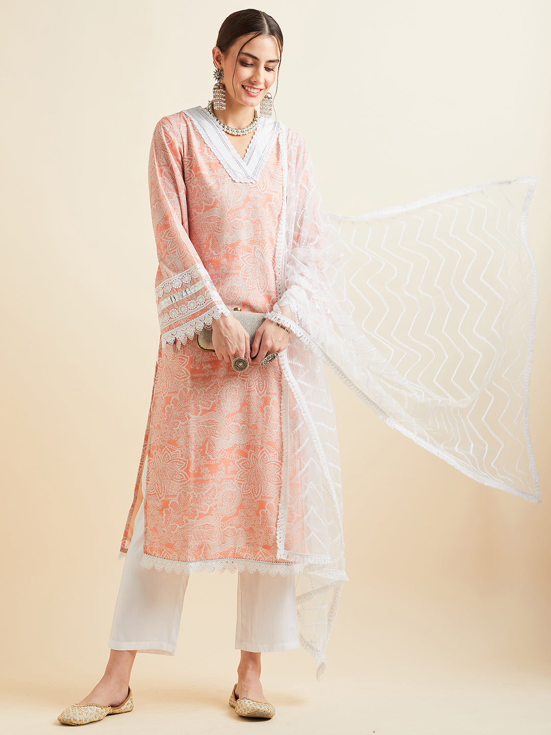 Pink Floral Printed Regular Patchwork Kurta with Trousers & With Dupatta