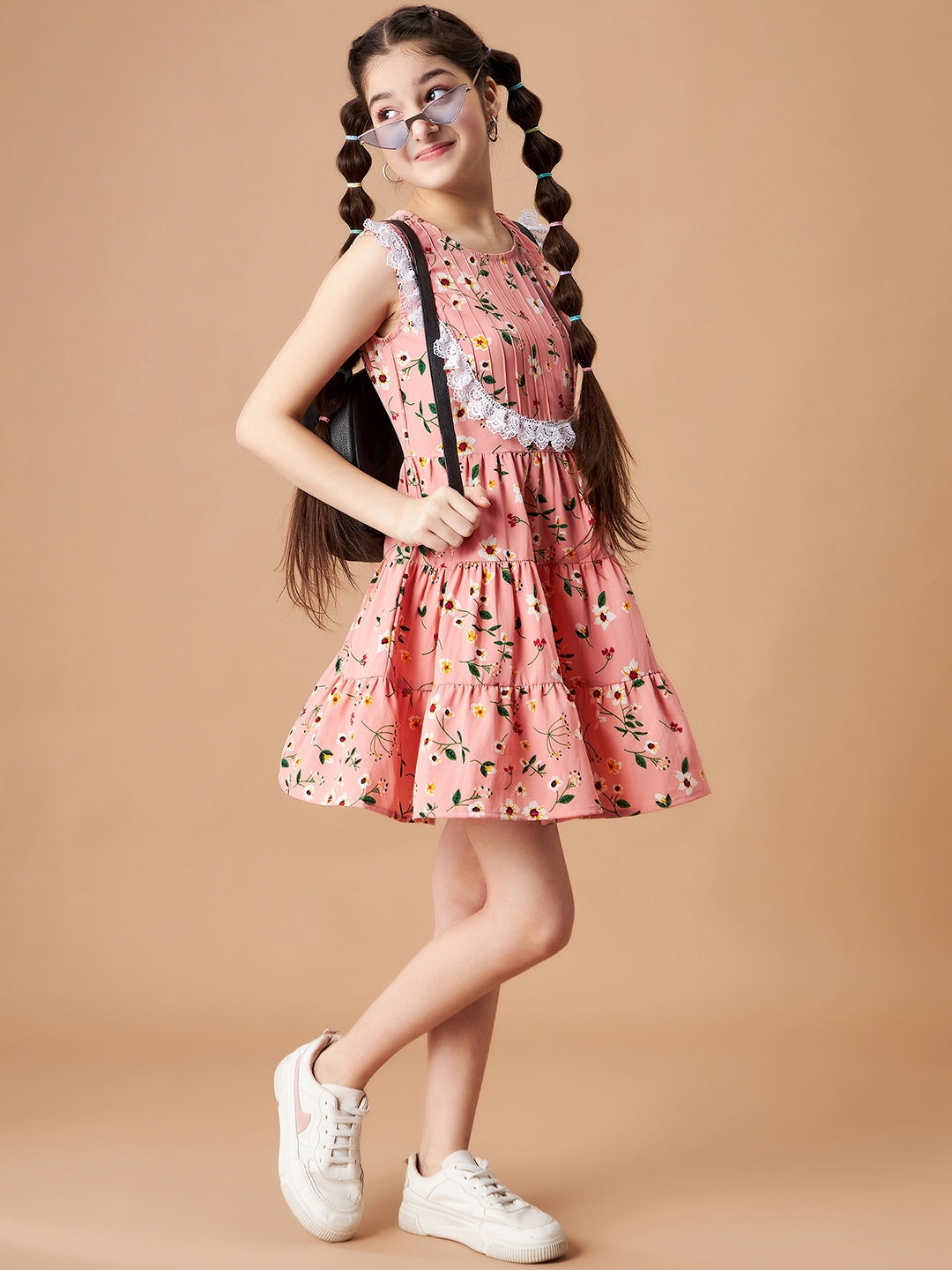 Girls Peach Floral Printed Crepe Fit & Flare Dress