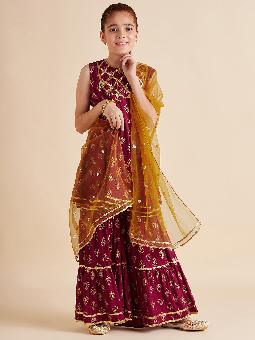 Girls Ethnic Motifs Printed Gotta Patti Kurti with Sharara & With Dupatta