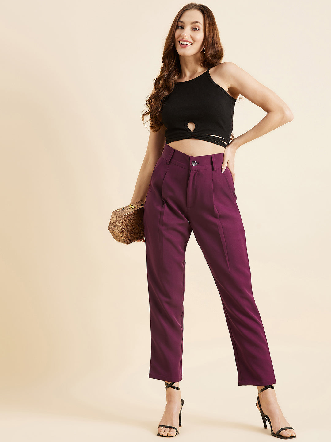 Burgundy Relaxed Straight Fit High-Rise Pleated Formal Trousers