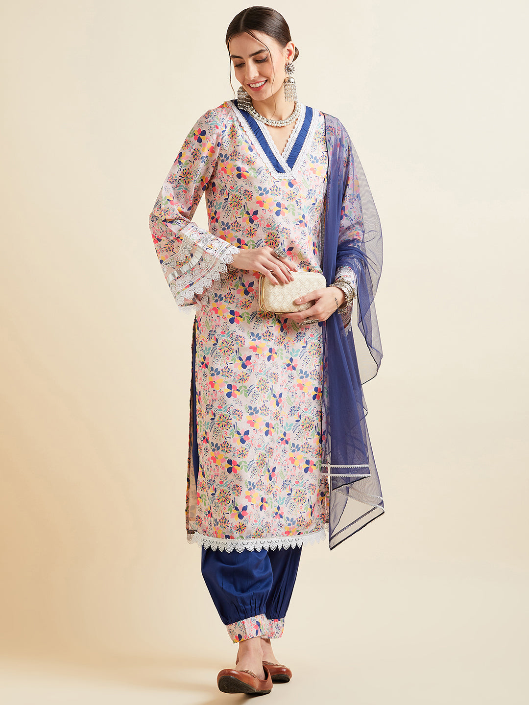 Floral Printed High Slit Patchwork Kurta with Salwar & With Dupatta