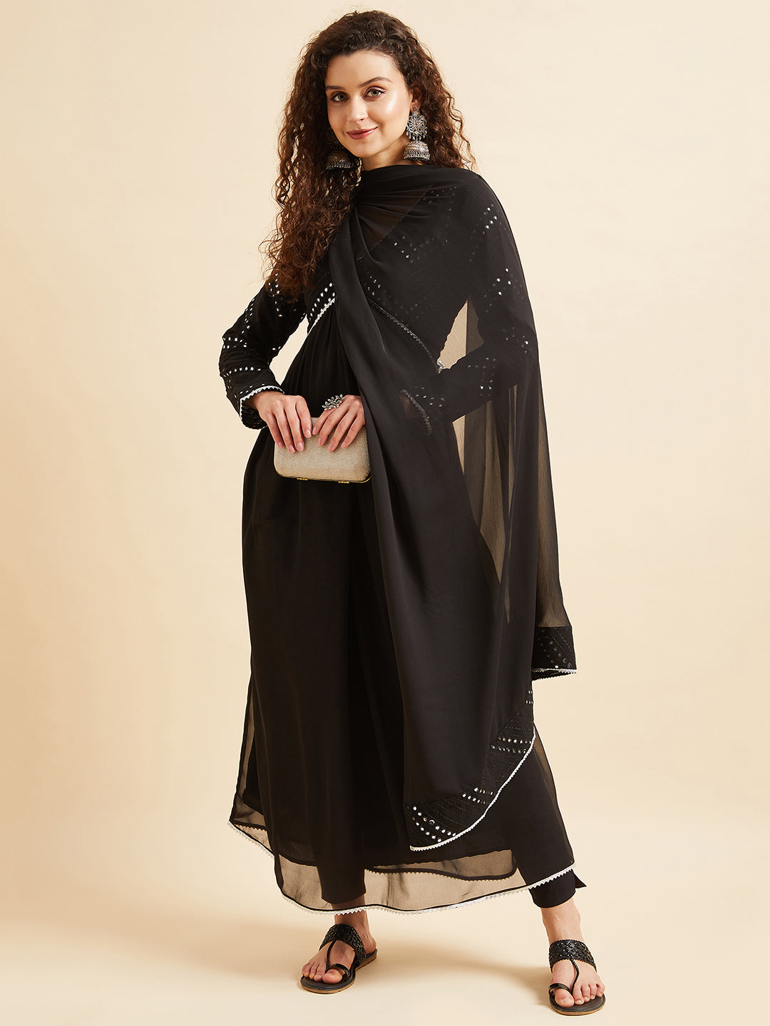 Black Mirror Work Anarkali Kurta & Trouser With Dupatta