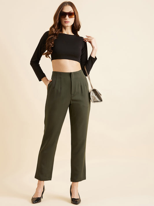Olive Green Smart Straight Fit High-Rise Pleated Trousers