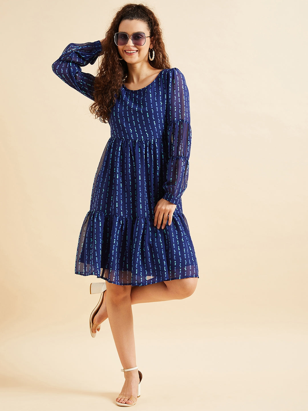 Puffed Sleeves Geometric Printed Tiered Fit & Flare Georgette Dres