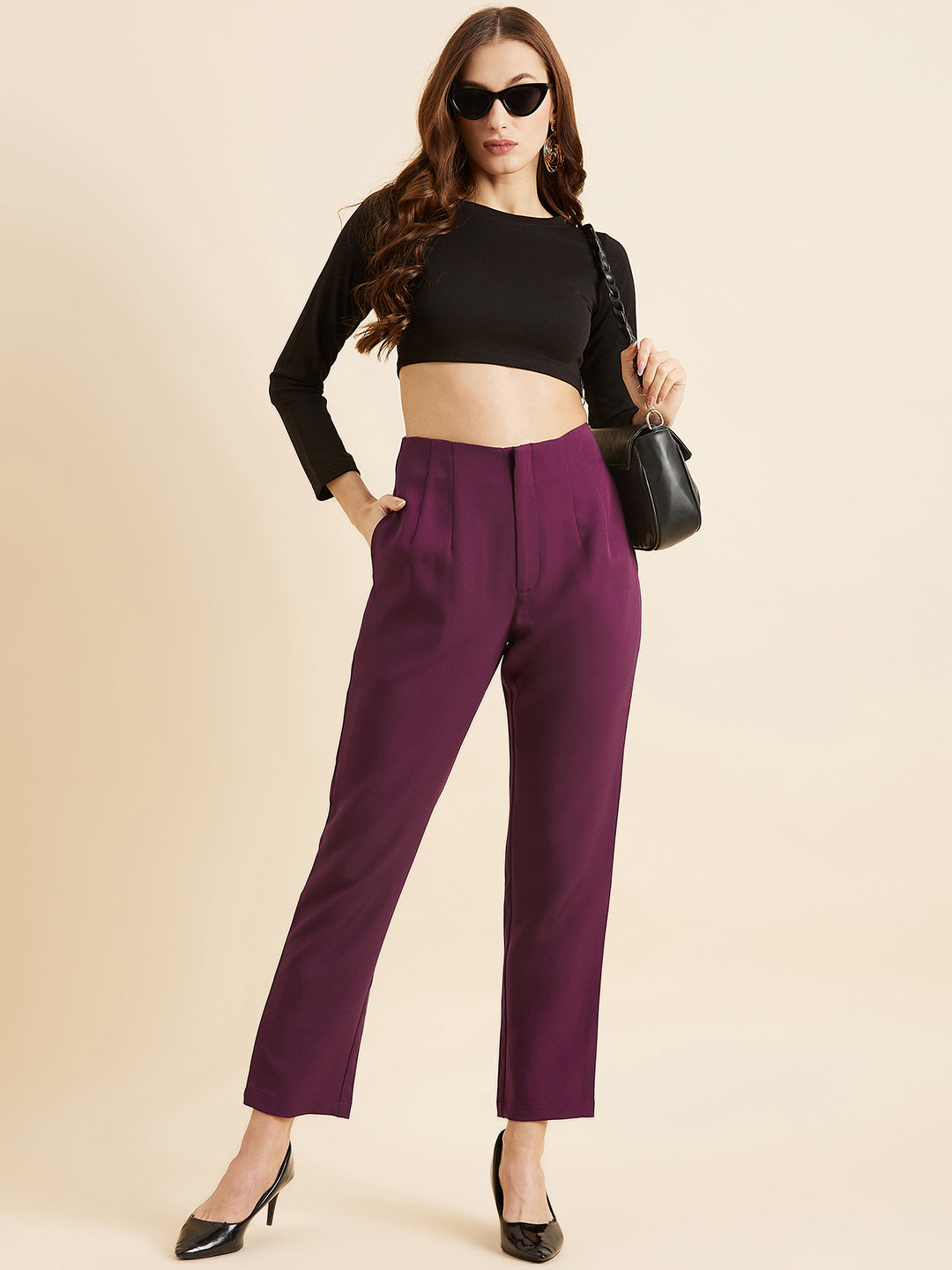Burgundy Smart Straight Fit High-Rise Pleated Peg Trousers