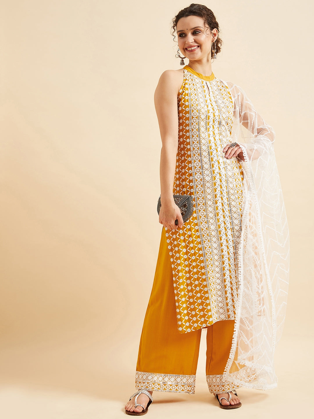 Yellow Ethnic Motifs Embroidered Thread Work Regular Kurta with Palazzos & Dupatta