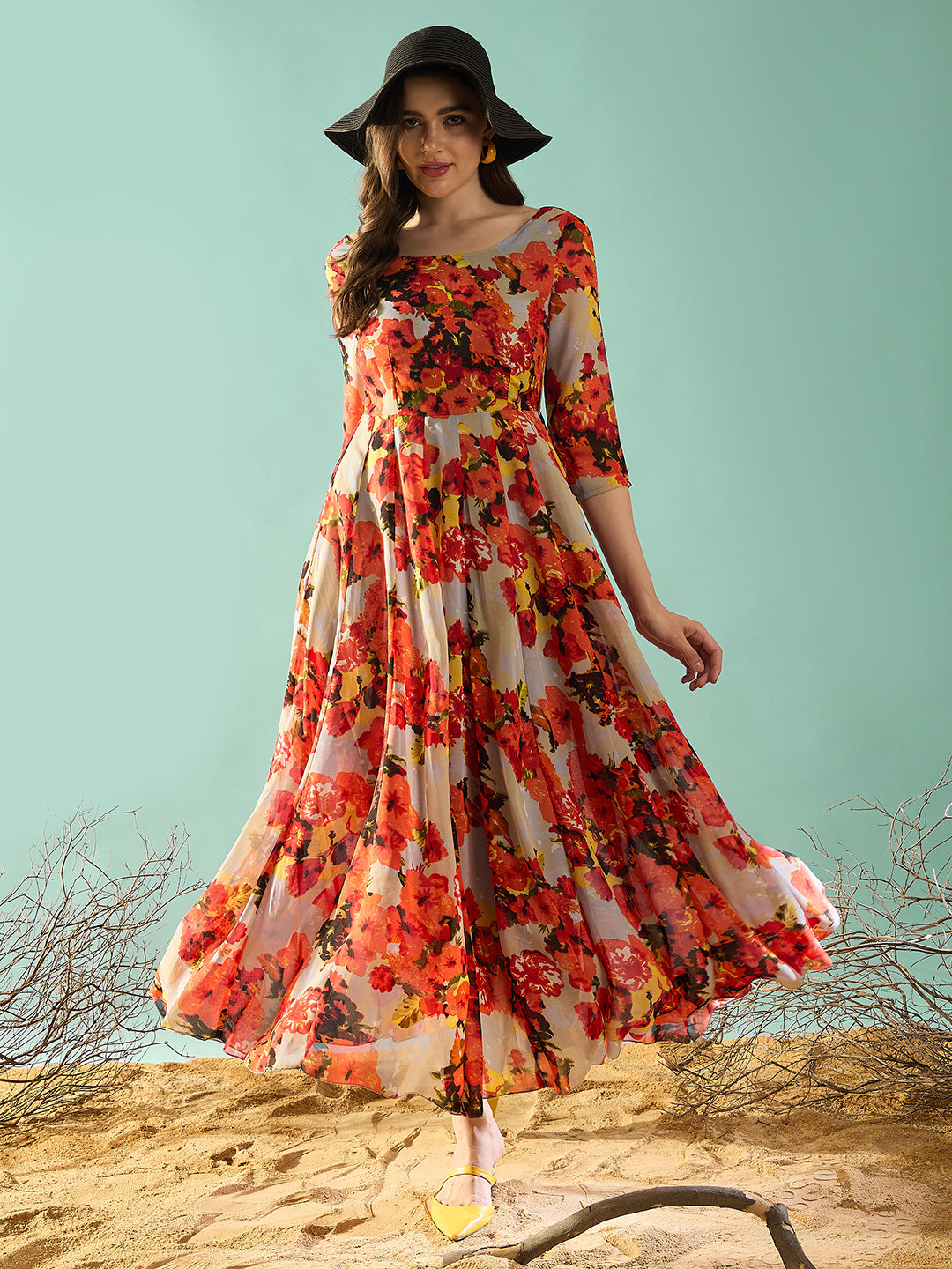 Floral Printed Fit and Flared Maxi Dress