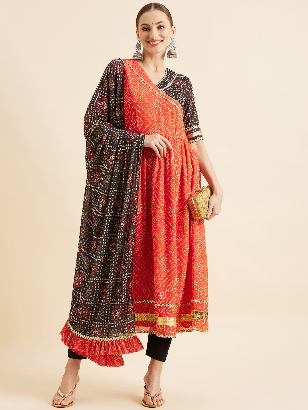 Bandhani Printed Angrakha Gotta Patti Kurta With Trousers & Dupatta