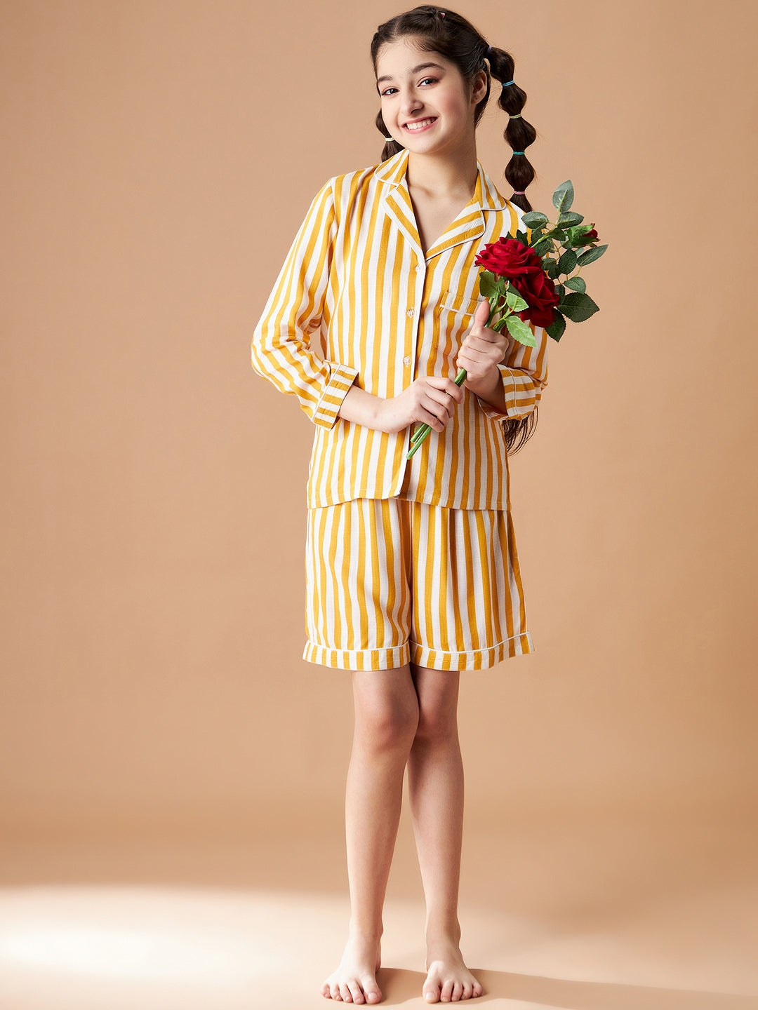 Girls Yellow Striped Shorts Night Suit Sets
