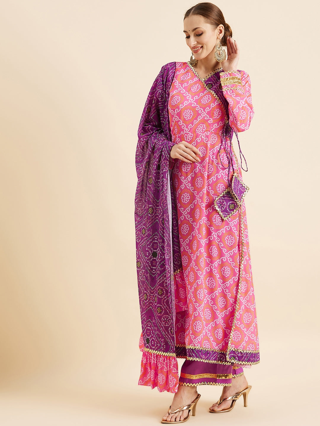 Bandhani Printed Angrakha Gotta Patti Kurta With Trousers Dupatta