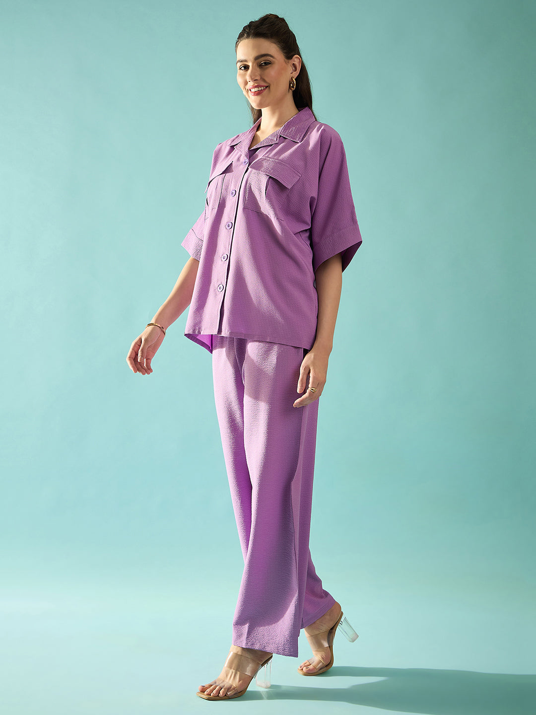 Flared Sleeves Loose Fit Seersucker Shirt Trousers