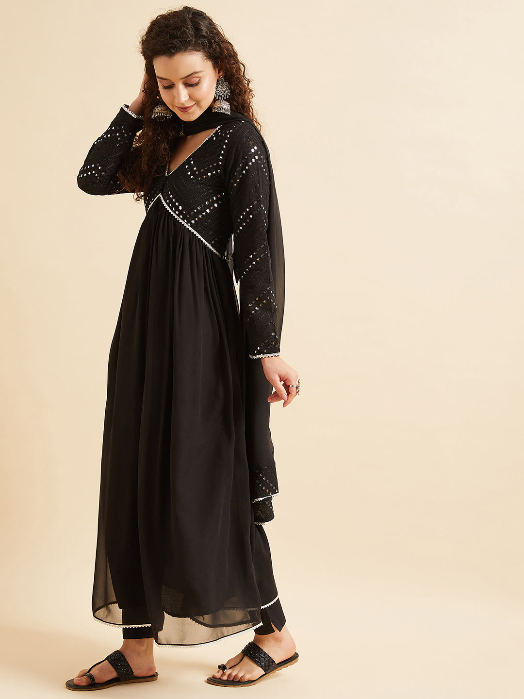 Black Mirror Work Anarkali Kurta & Trouser With Dupatta