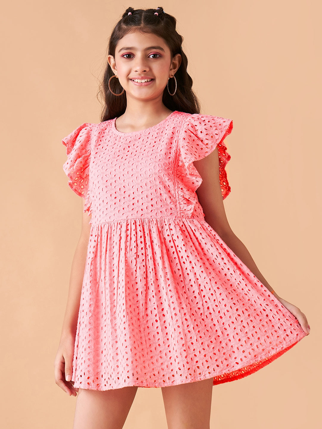 Girls Pink Flutter Sleeve Fit & Flare Mini Dress