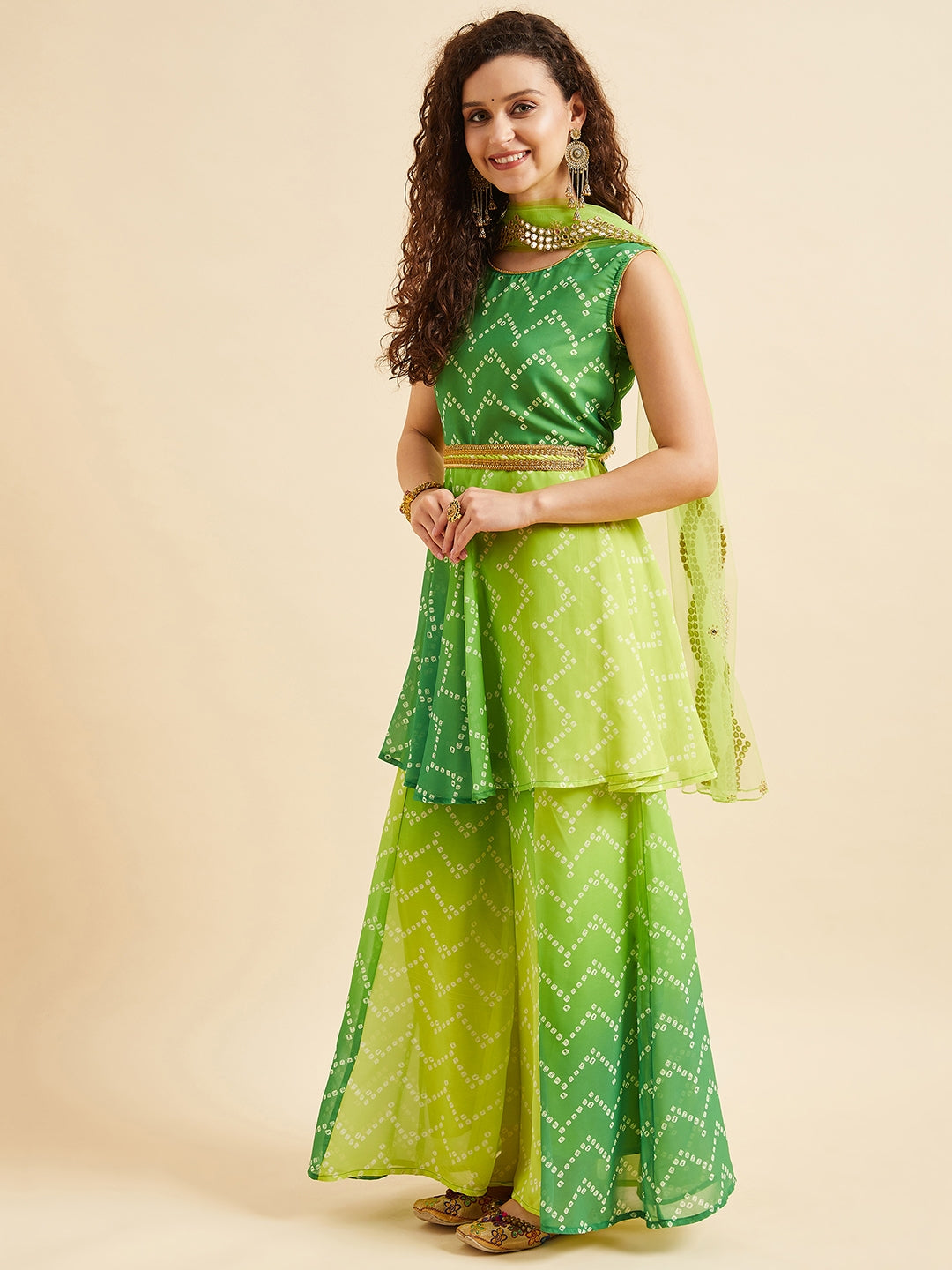 PANIT Green Bandhani Printed Zardozi Kurta with Sharara & With Dupatta