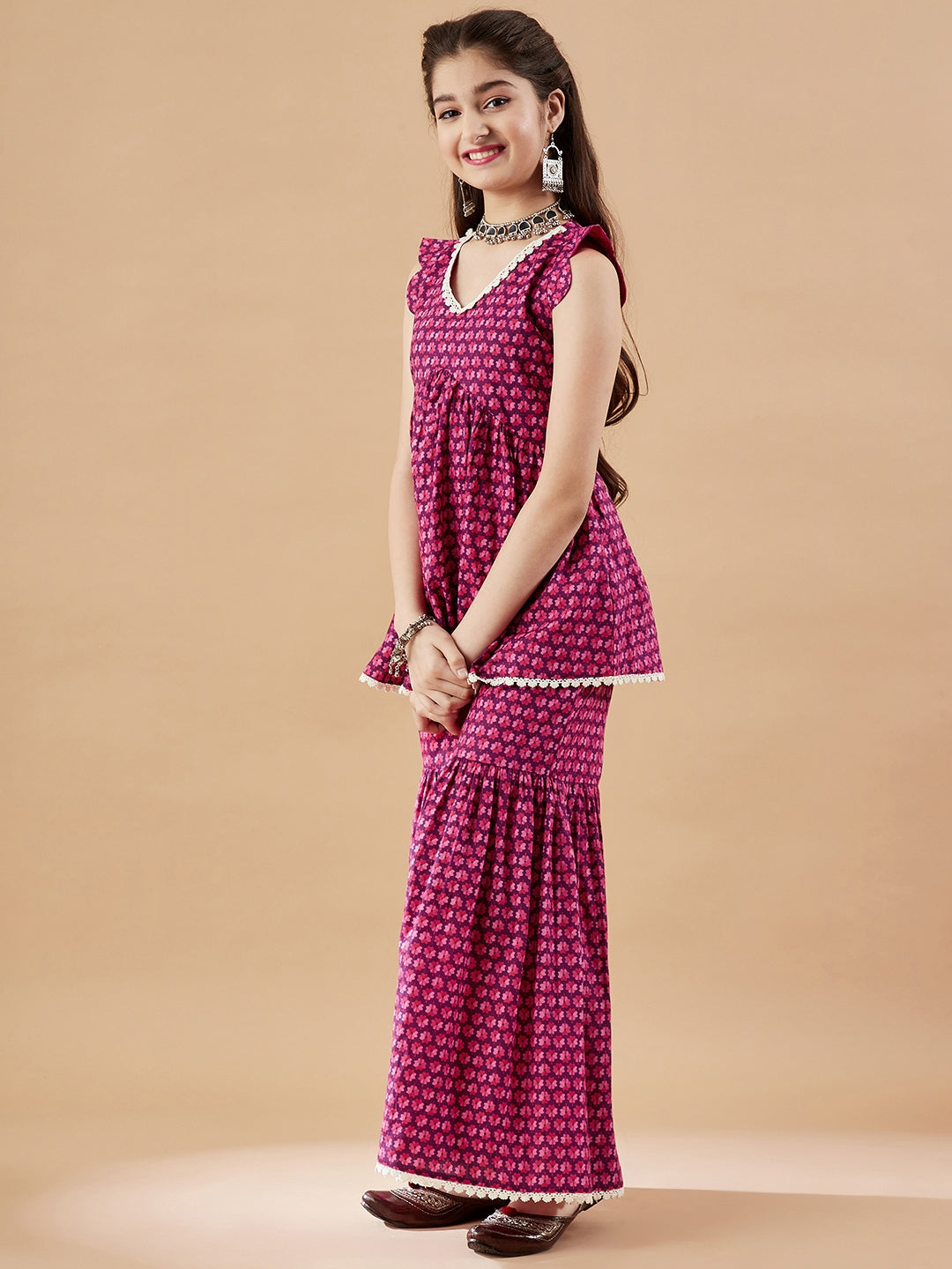Girls Floral Printed Kurti With Sharara