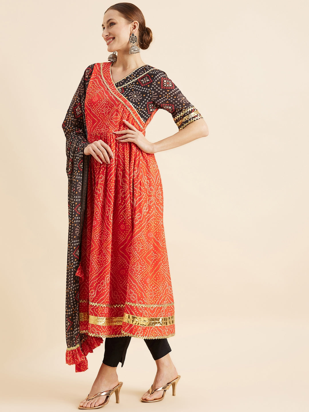 Bandhani Printed Angrakha Gotta Patti Kurta With Trousers & Dupatta