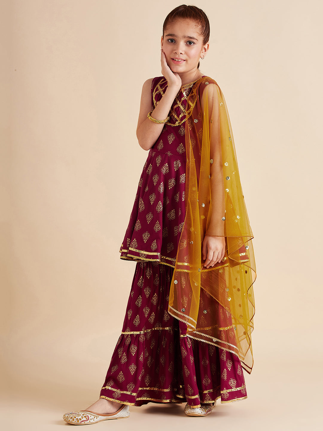 Girls Ethnic Motifs Printed Gotta Patti Kurti with Sharara & With Dupatta