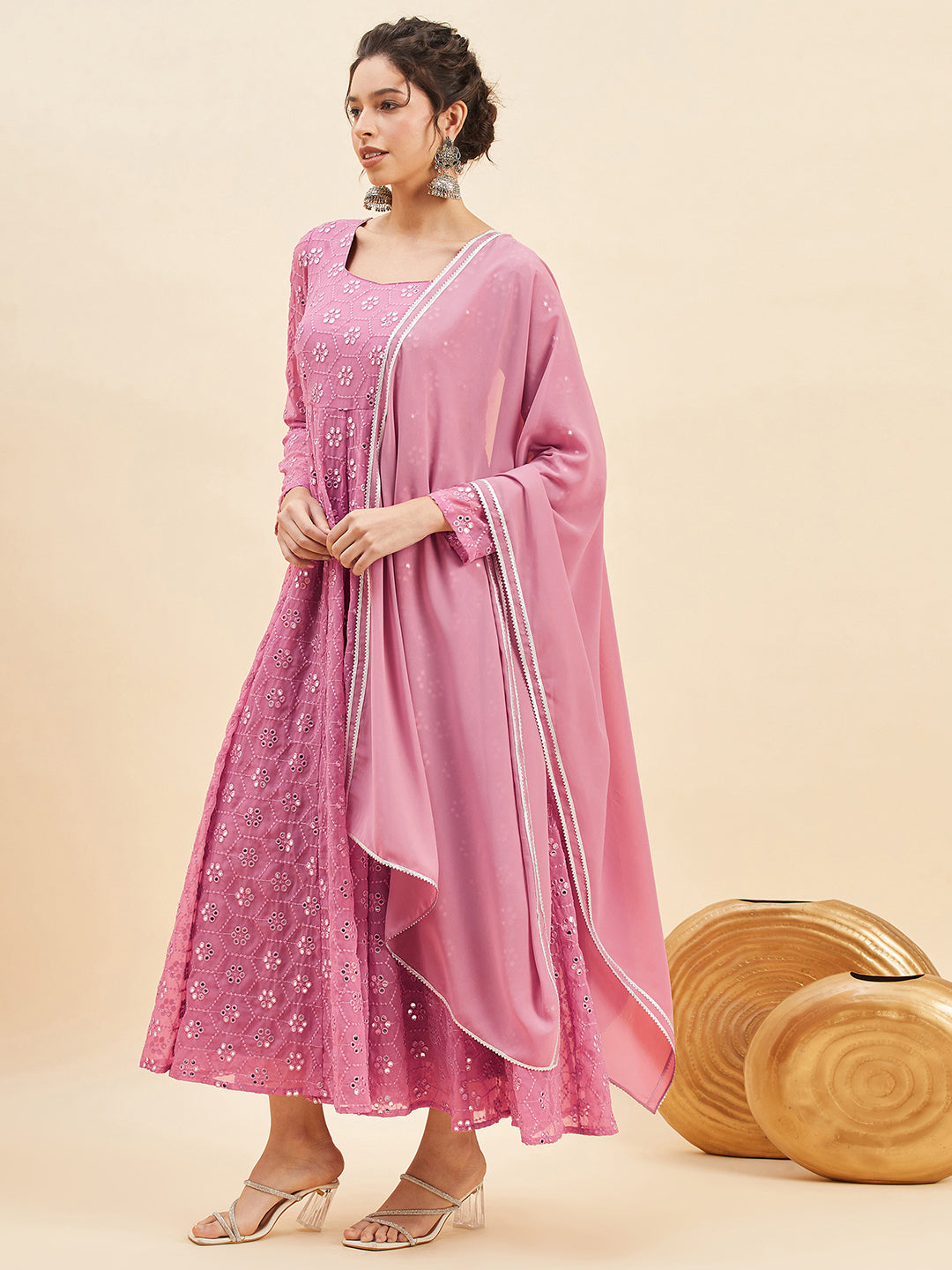 Mirror Embroidered Flared Ethnic Dresses With Dupatta