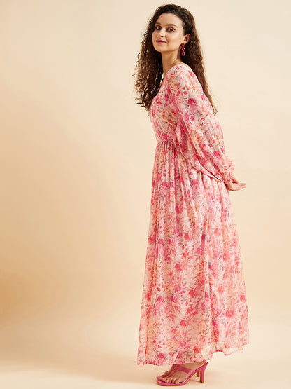 Peach-Coloured & Pink Floral Printed Georgette Fit & Flare Maxi Ethnic Dress