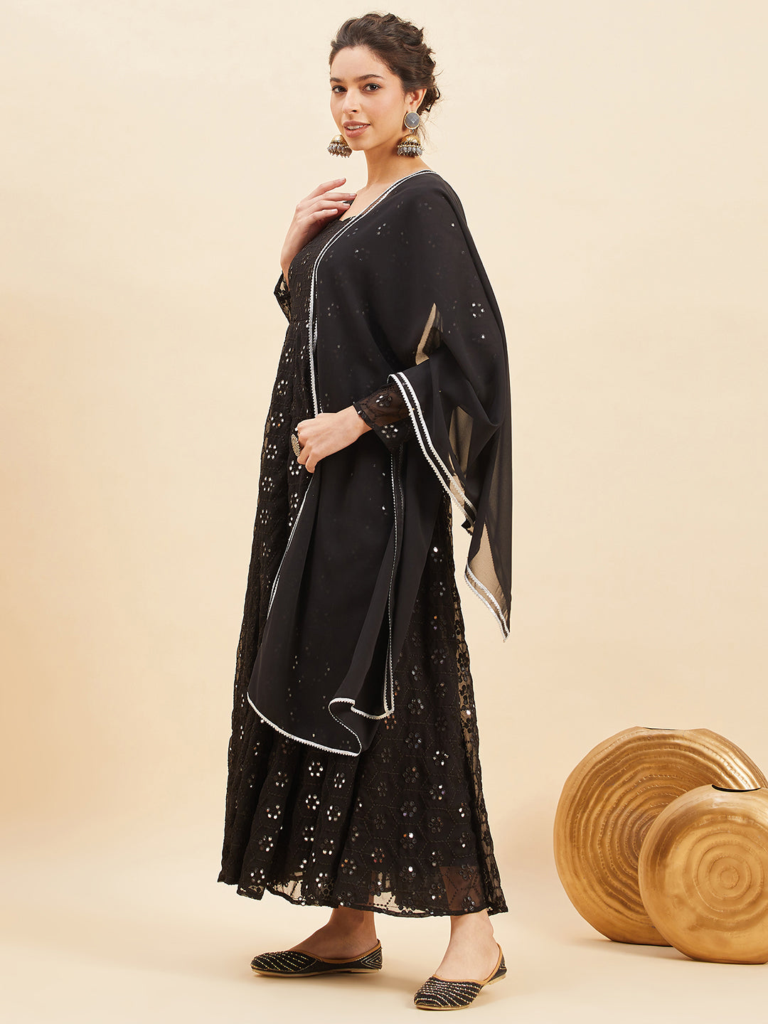 Black Mirror Embroidered Flared Ethnic Dresses With Dupatta