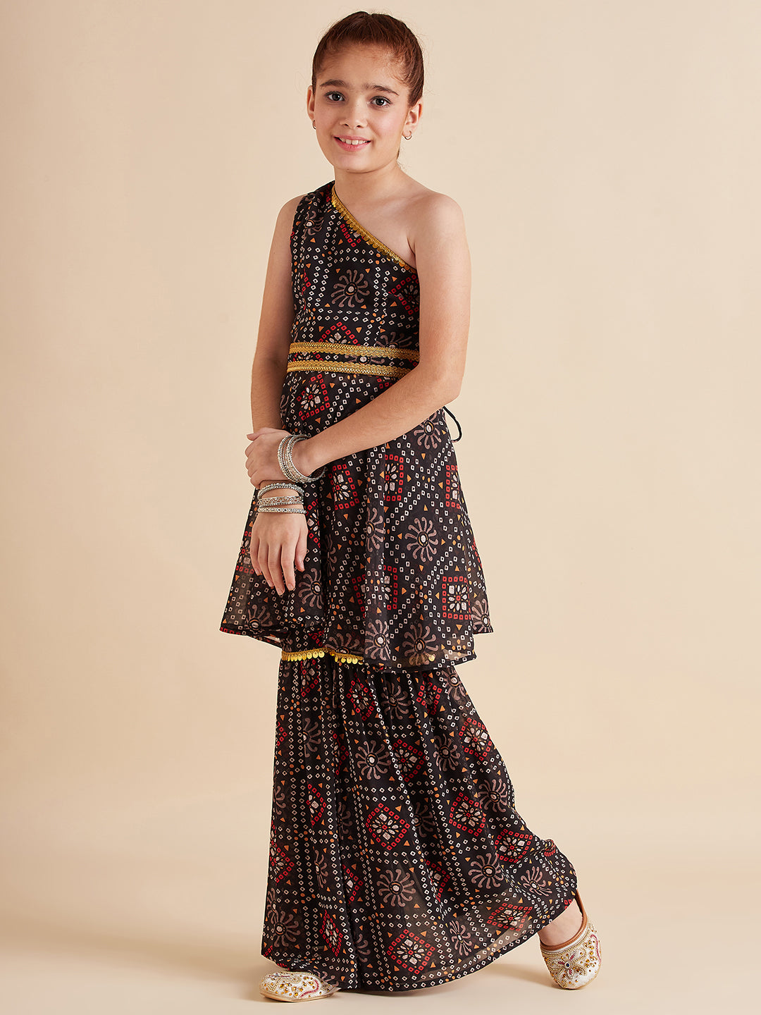 Girls Bandhani Printed Empire Gotta Patti Kurta with Sharara