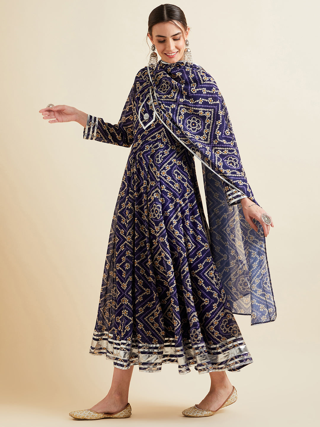 Blue Bandhani Printed Fit & Flared Maxi Ethnic Dress With Dupatta