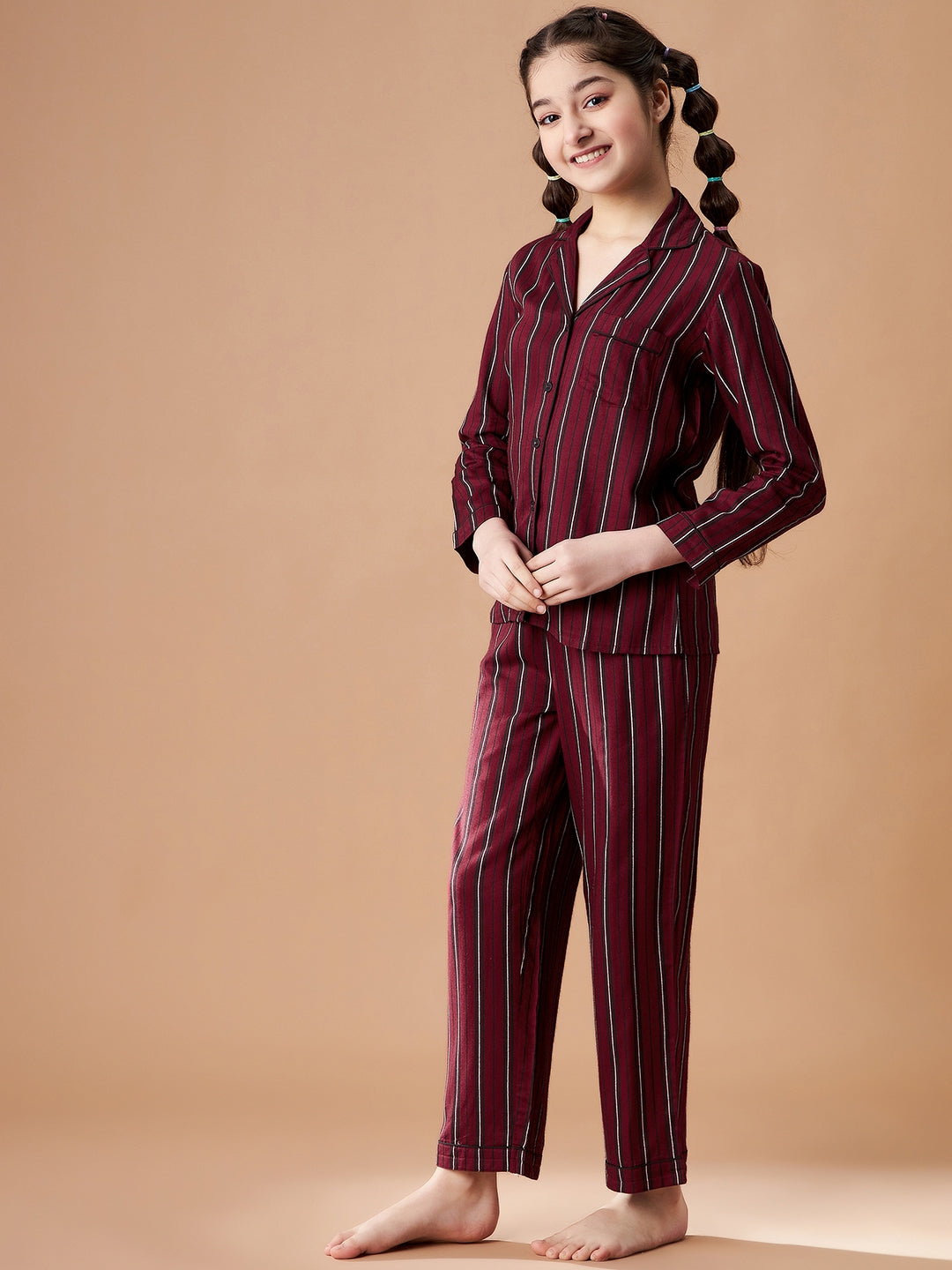 Girls Maroon Striped Cotton Night Suit Set