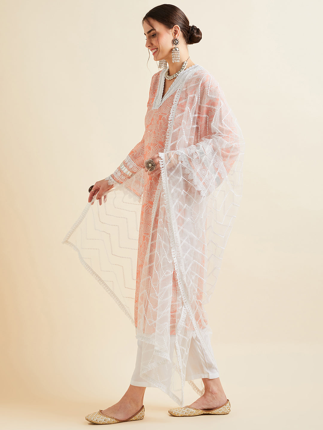 Pink Floral Printed Regular Patchwork Kurta with Trousers & With Dupatta