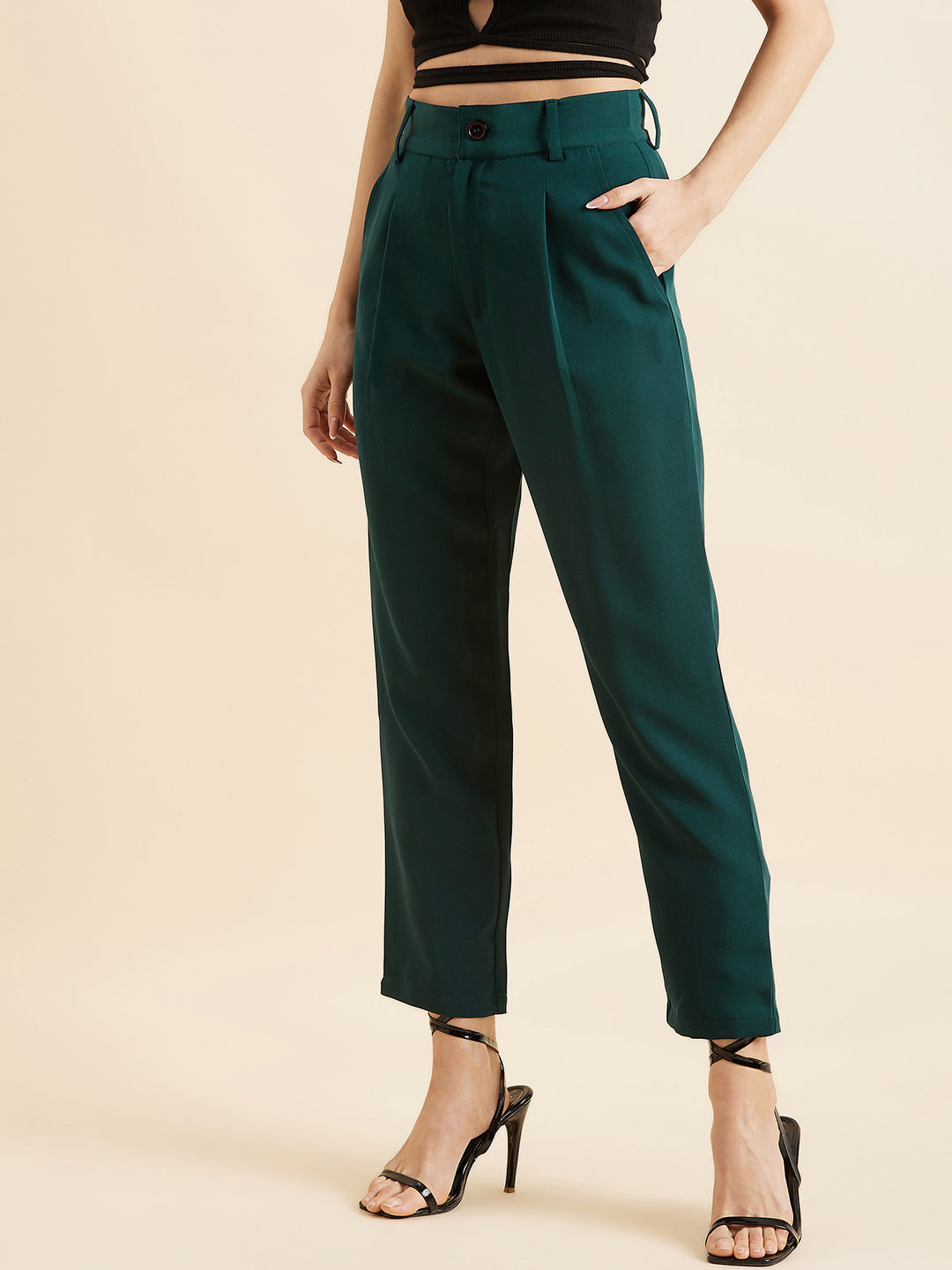 Green Relaxed Straight Fit High-Rise Pleated Formal Trousers