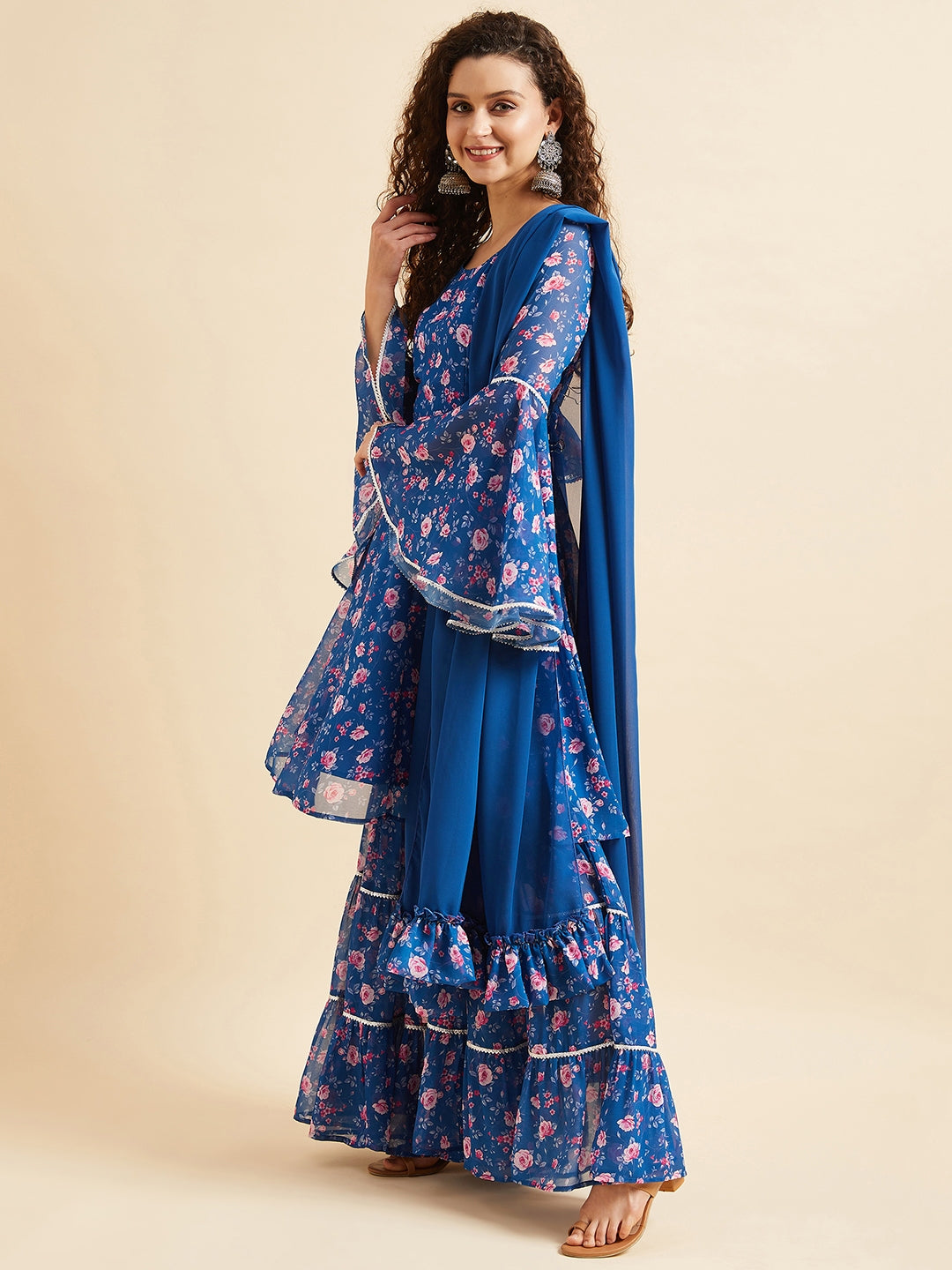 Blue & Pink Floral Printed Gotta Patti Kurta with Sharara & Dupatta