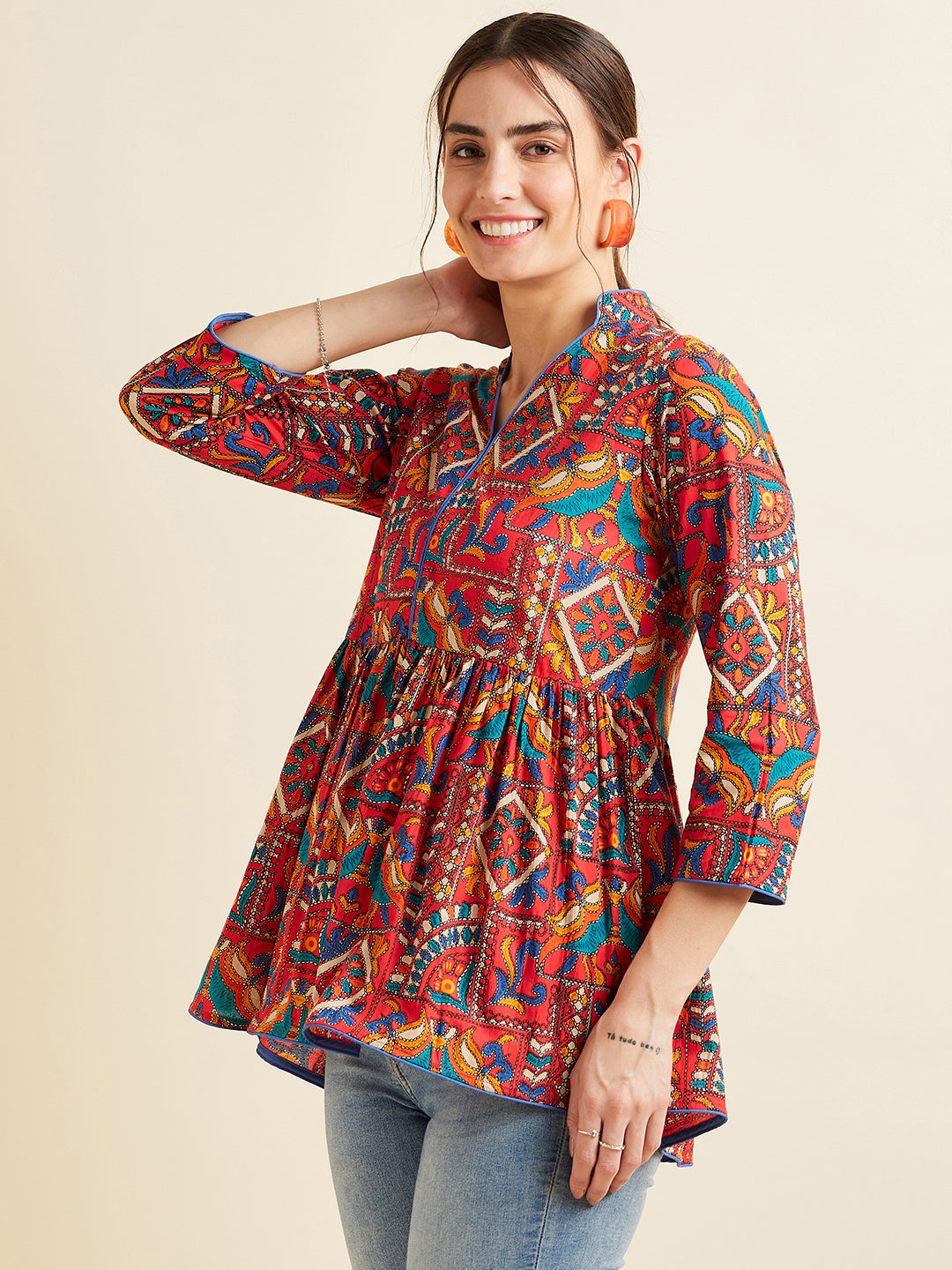 Red Ethnic Motifs Printed Pure Cotton A-line Kurti