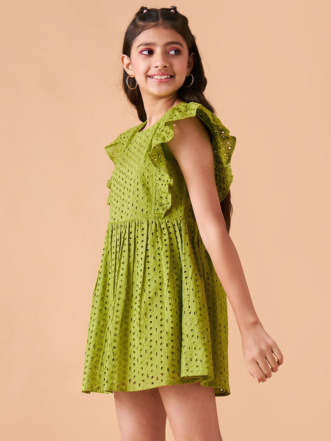 Girls Self Design Flutter Sleeve Cotton Fit & Flare Dress