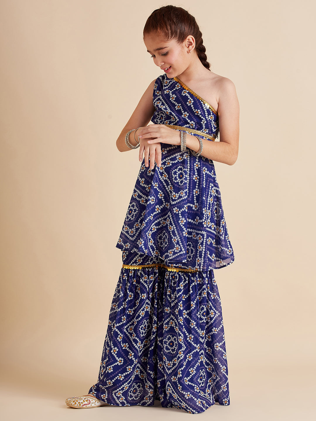 Girls Blue Bandhani Printed Empire Gotta Patti Kurta with Sharara
