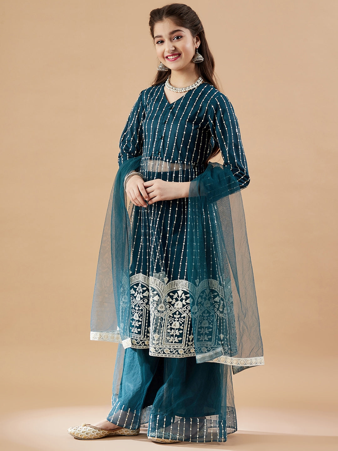 Girls Striped Embroidered Mesh Empire Sequinned Kurta & Sharara & Dupatta