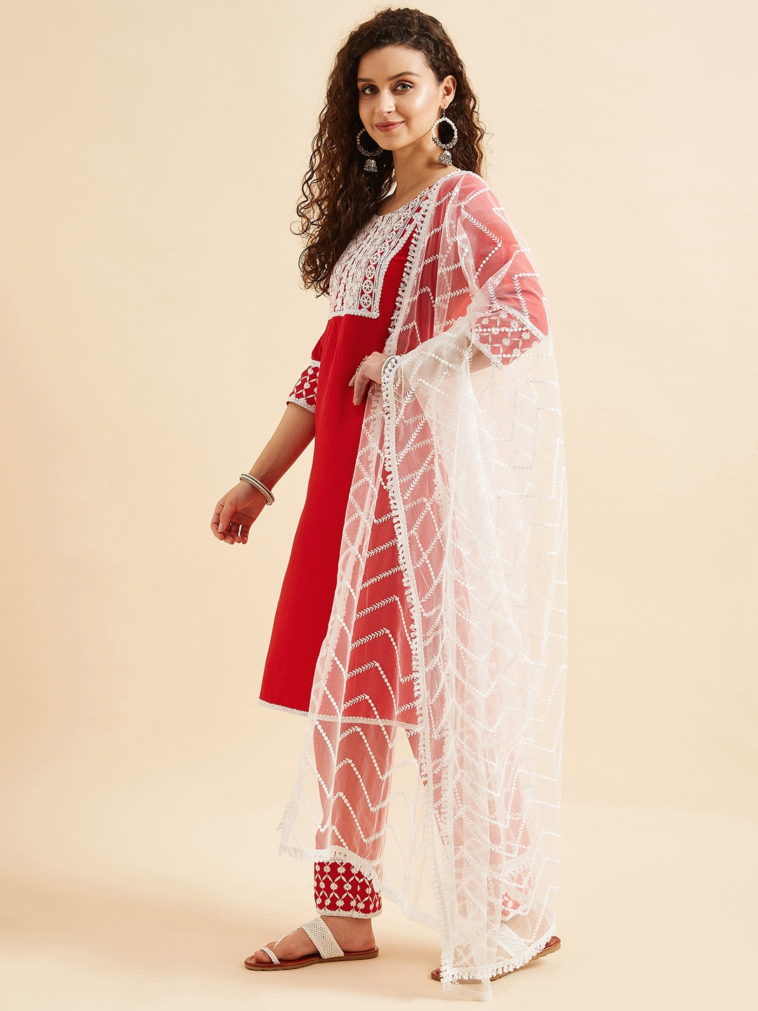 Red & White Ethnic Motifs Yoke Design Thread Work Kurta With Trousers & Dupatta
