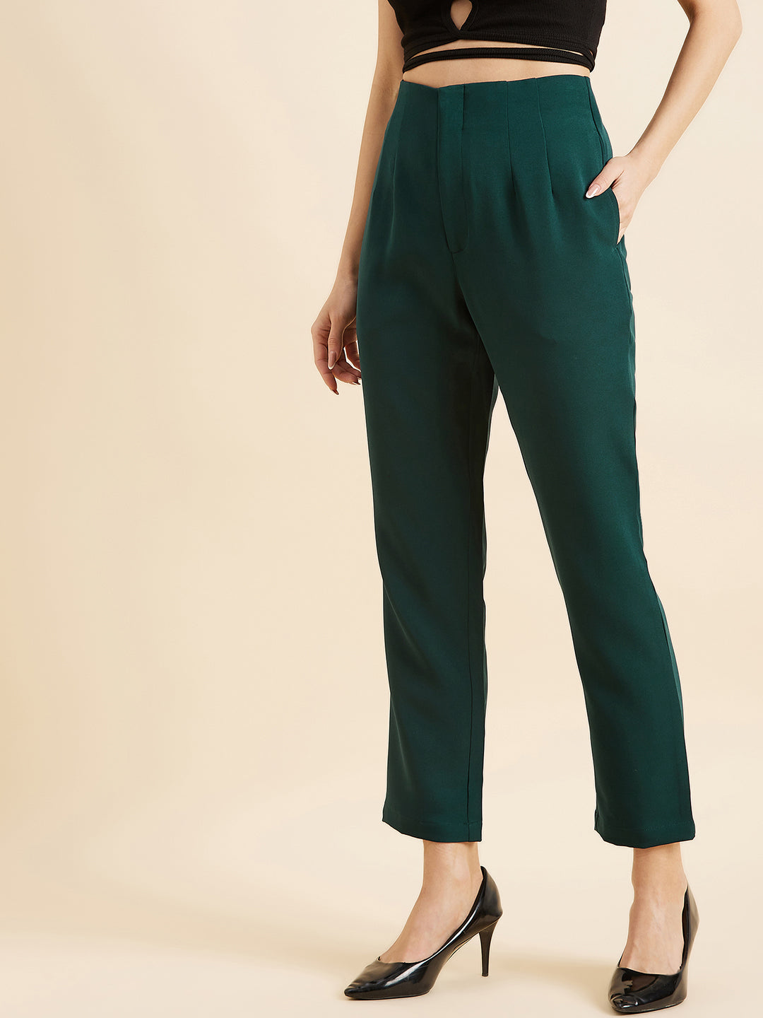 Green Smart Straight Fit High-Rise Trousers