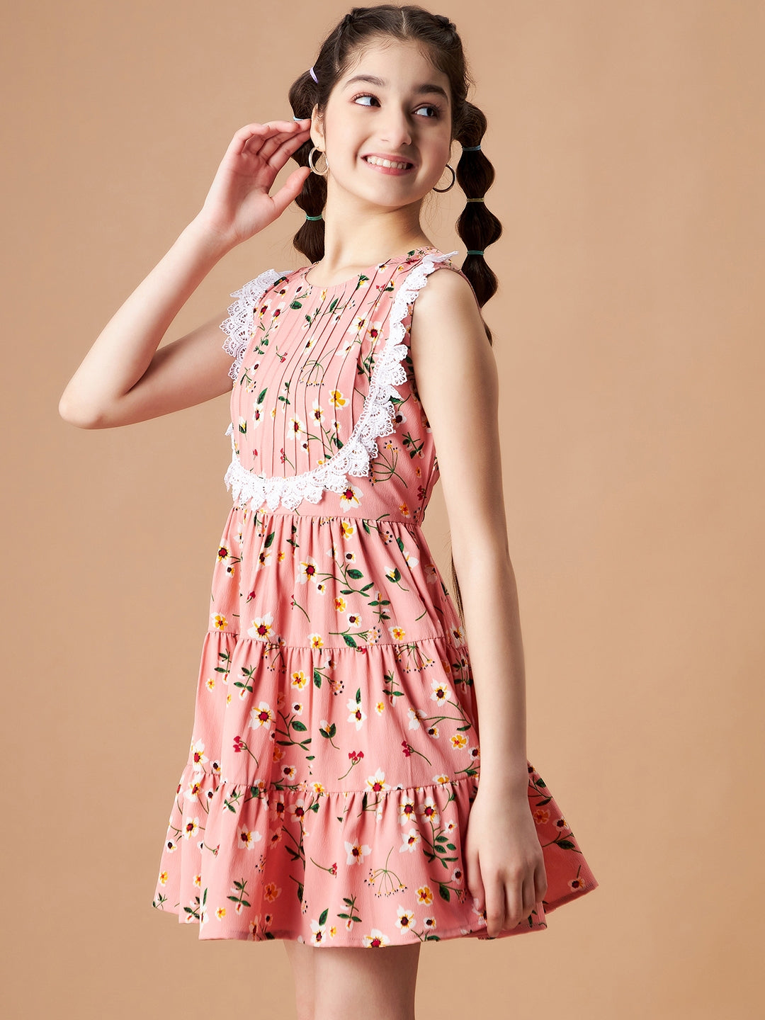 Girls Peach Floral Printed Crepe Fit & Flare Dress
