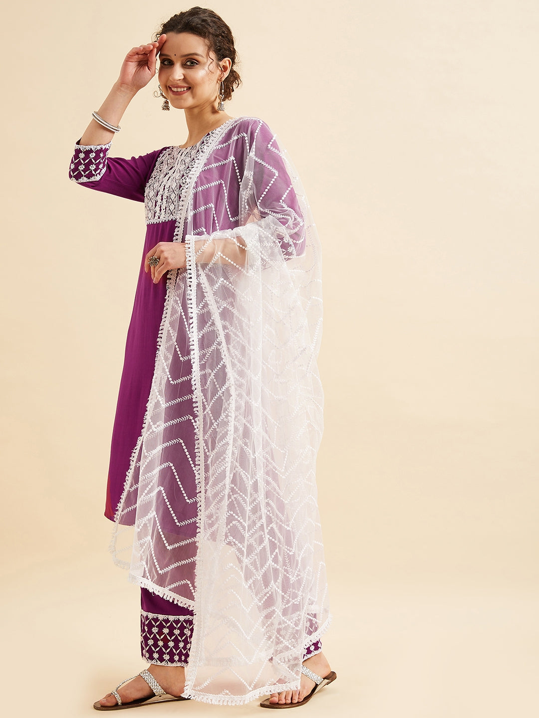 Purple Ethnic Motifs Embroidered Thread Work Regular Kurta with Trousers & Dupatta