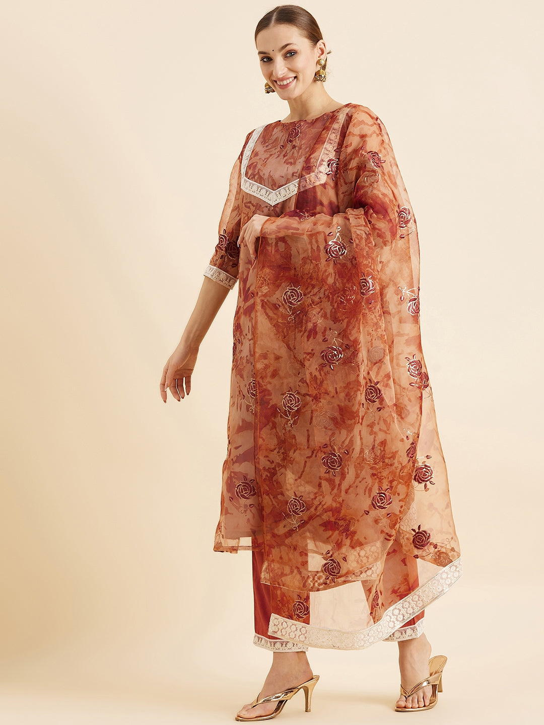 Floral Embroidered Kurta With Trousers & Dupatta